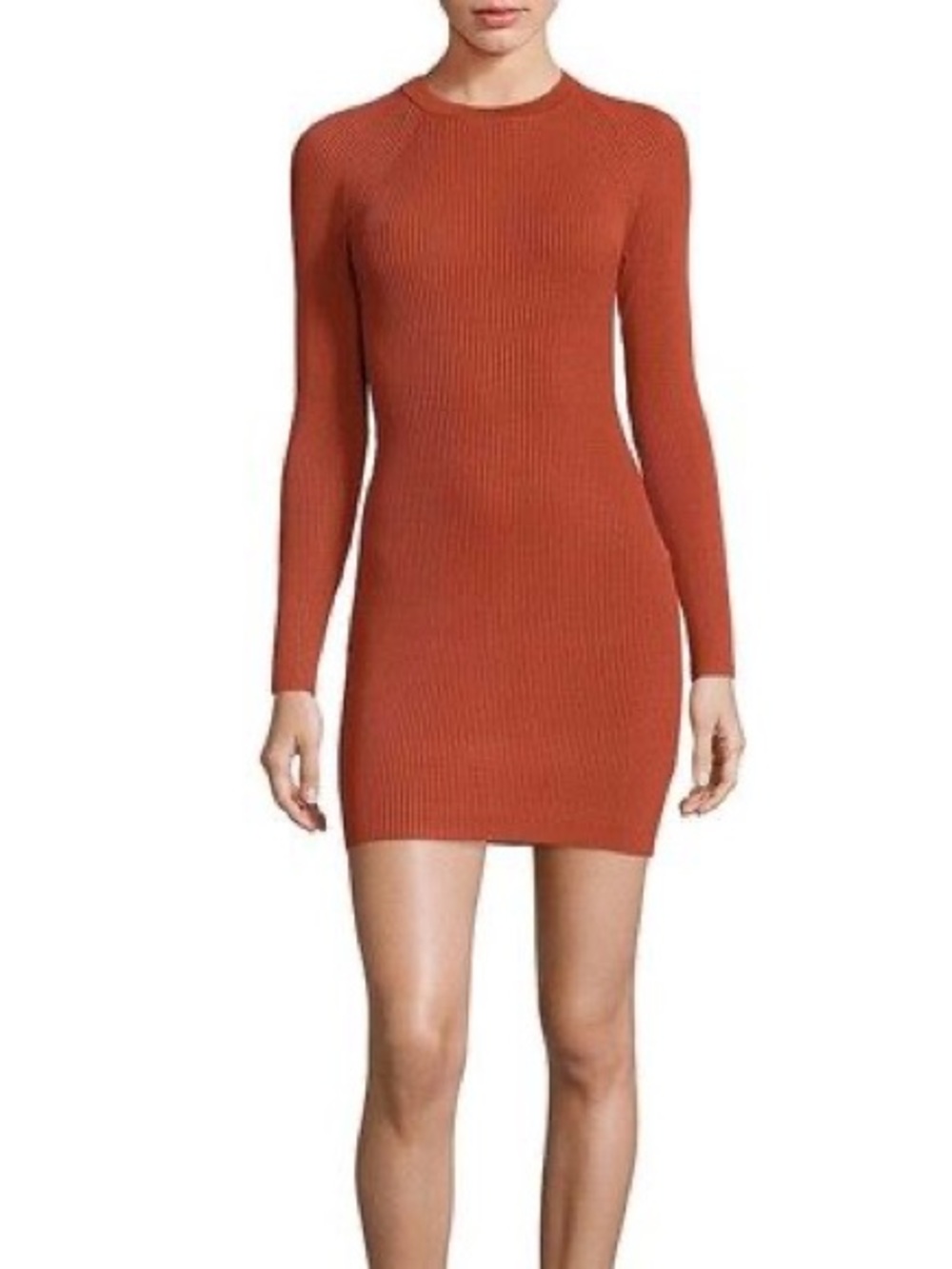 A.L.C. Ribbed Knit Long Sleeve Bodycon Mini Sweater Dress | Rust | Small